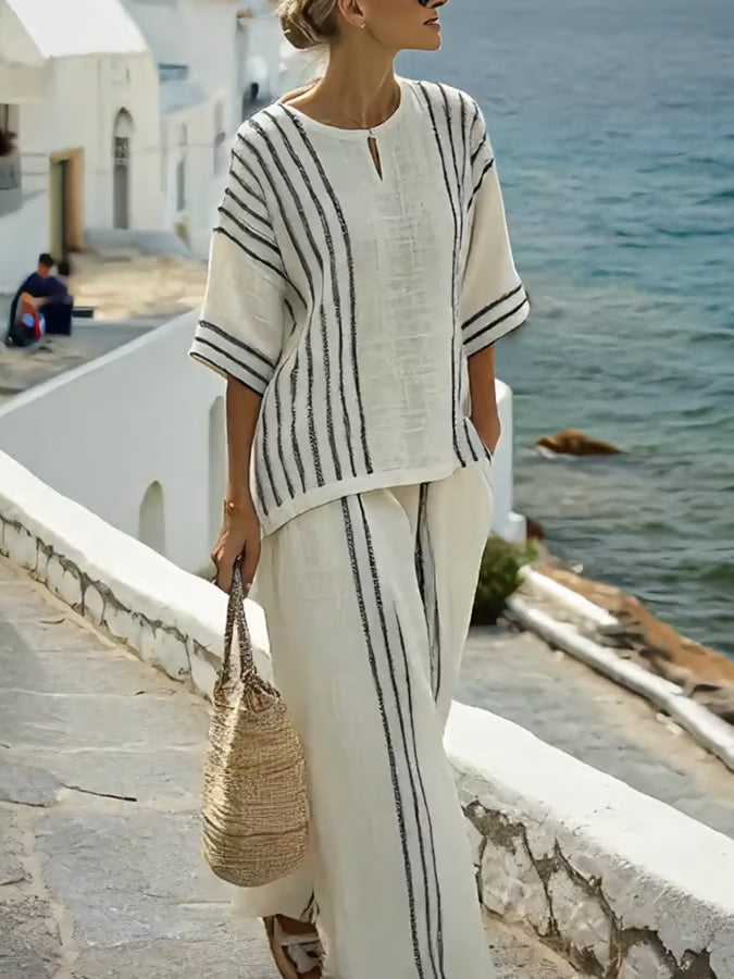 Loose Slit Contrast Striped Pants Set