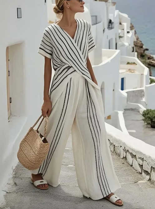 Two-piece linen set with cross waist