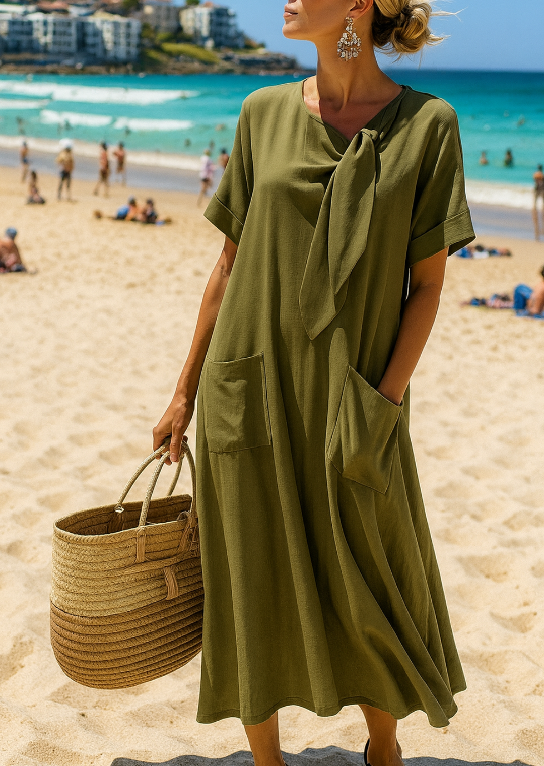 Elegant Linen Dress with Pockets & Bow