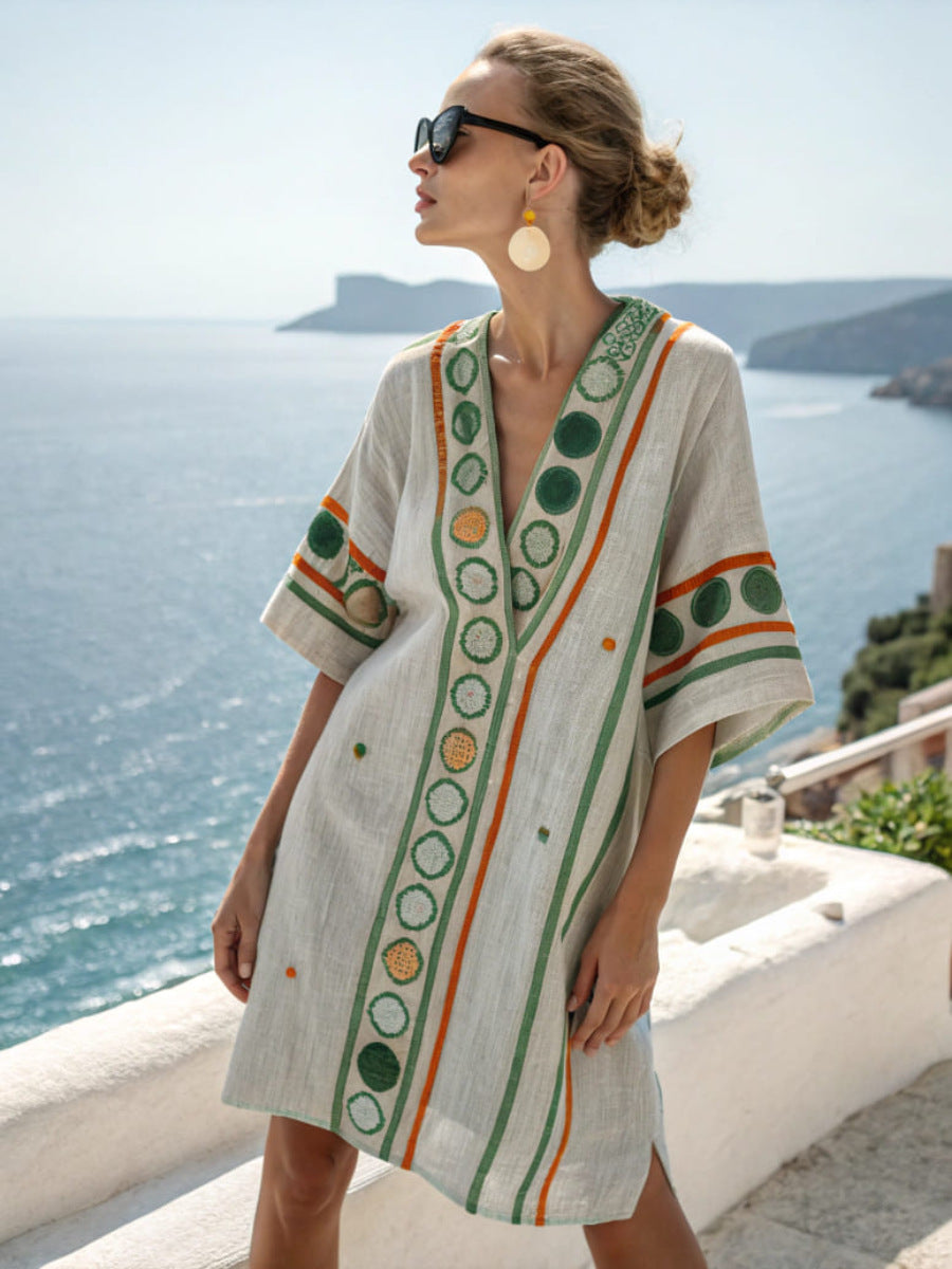 Embroidered Gray Linen Dress